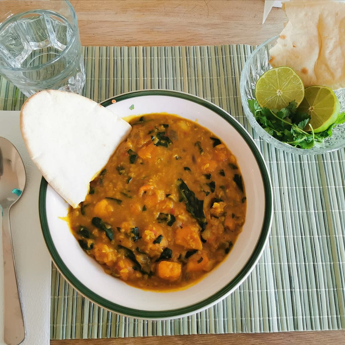 Red Curry Lentils With Sweet Potatoes and Spinach