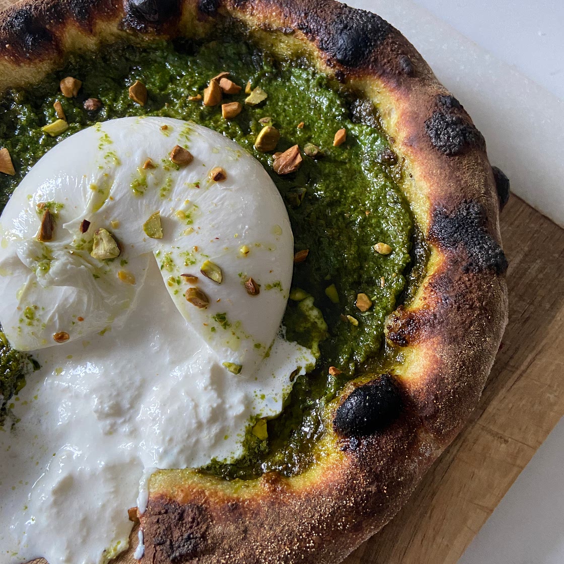 Wild Garlic + Pistachio Pizza with Burrata