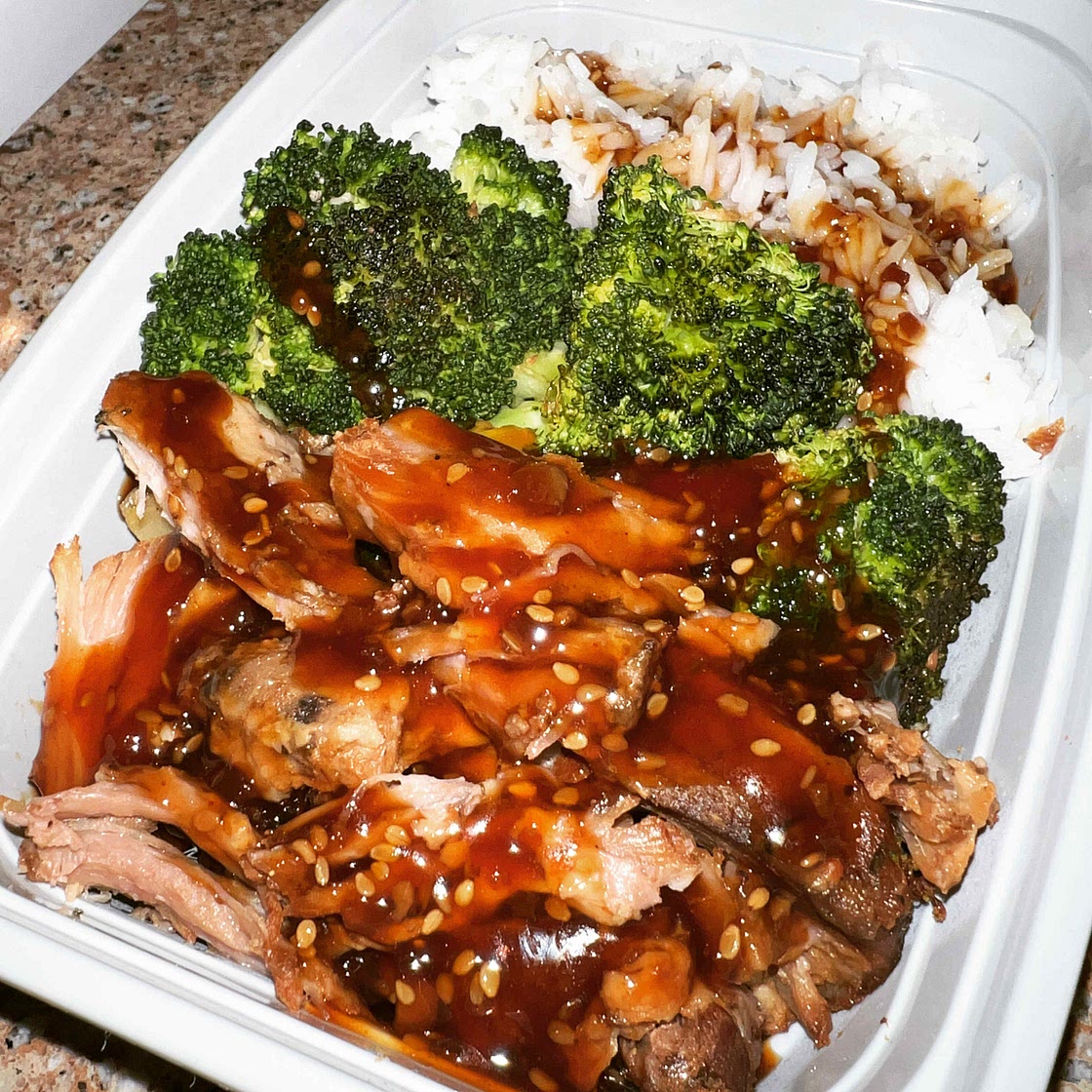 Slowcooker Teriyaki Pork with Rice & Garlic Lemon Broccoli 