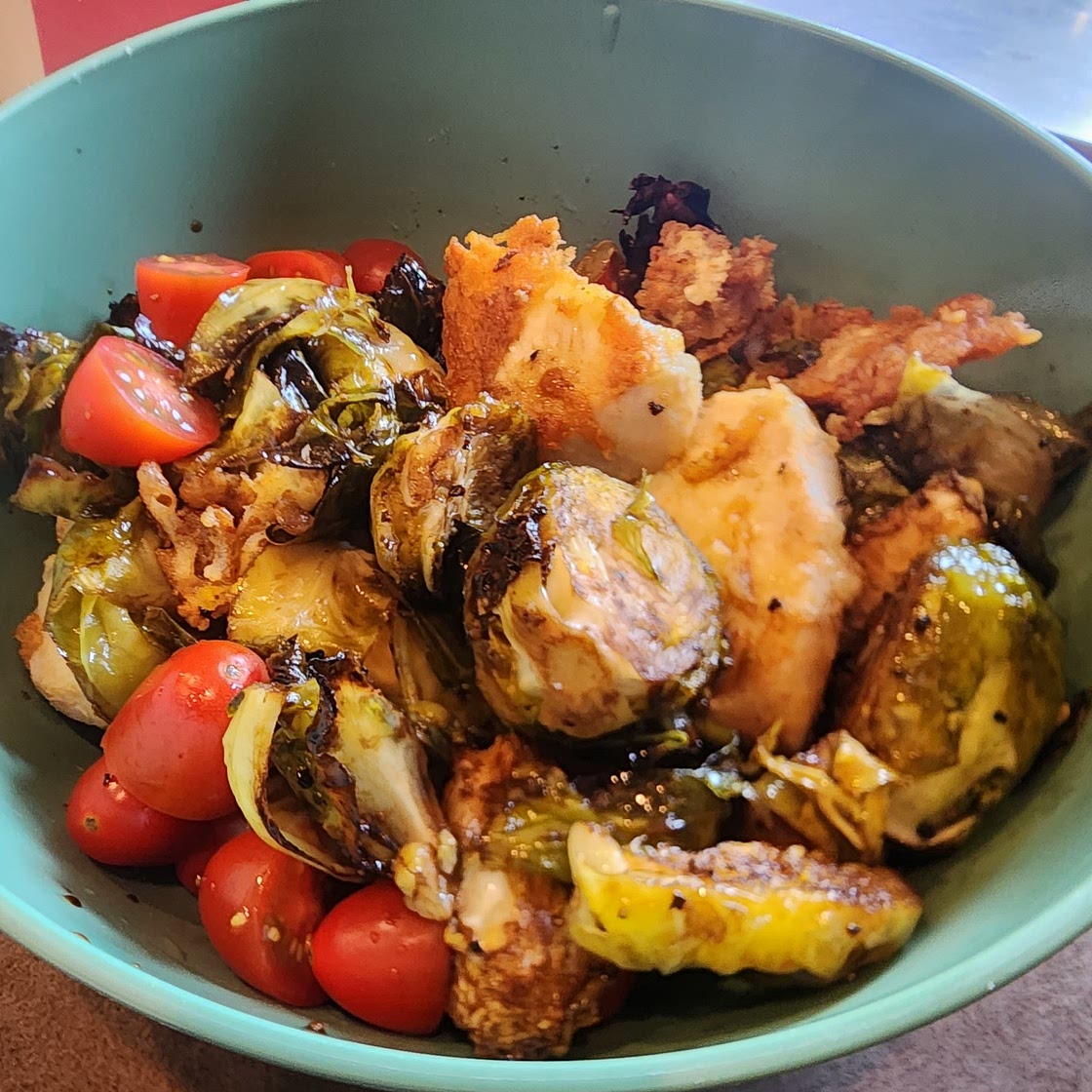 Parmesan chicken with roasted Brussel sprouts and tomatoes