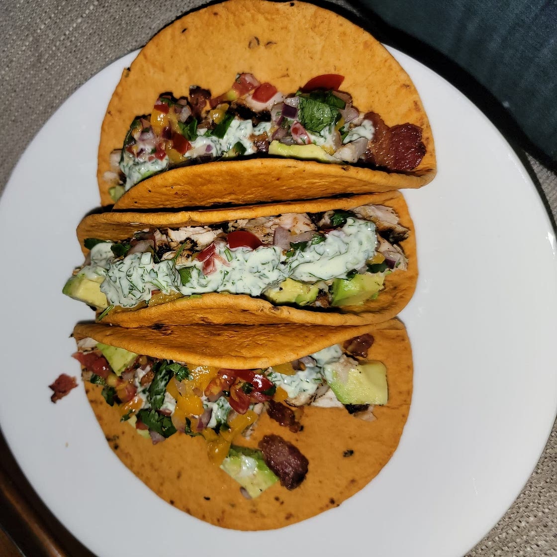 Blackened Mahi-Mahi Tacos with Peach Pico de Gallo and Cilantro Lime Sauce