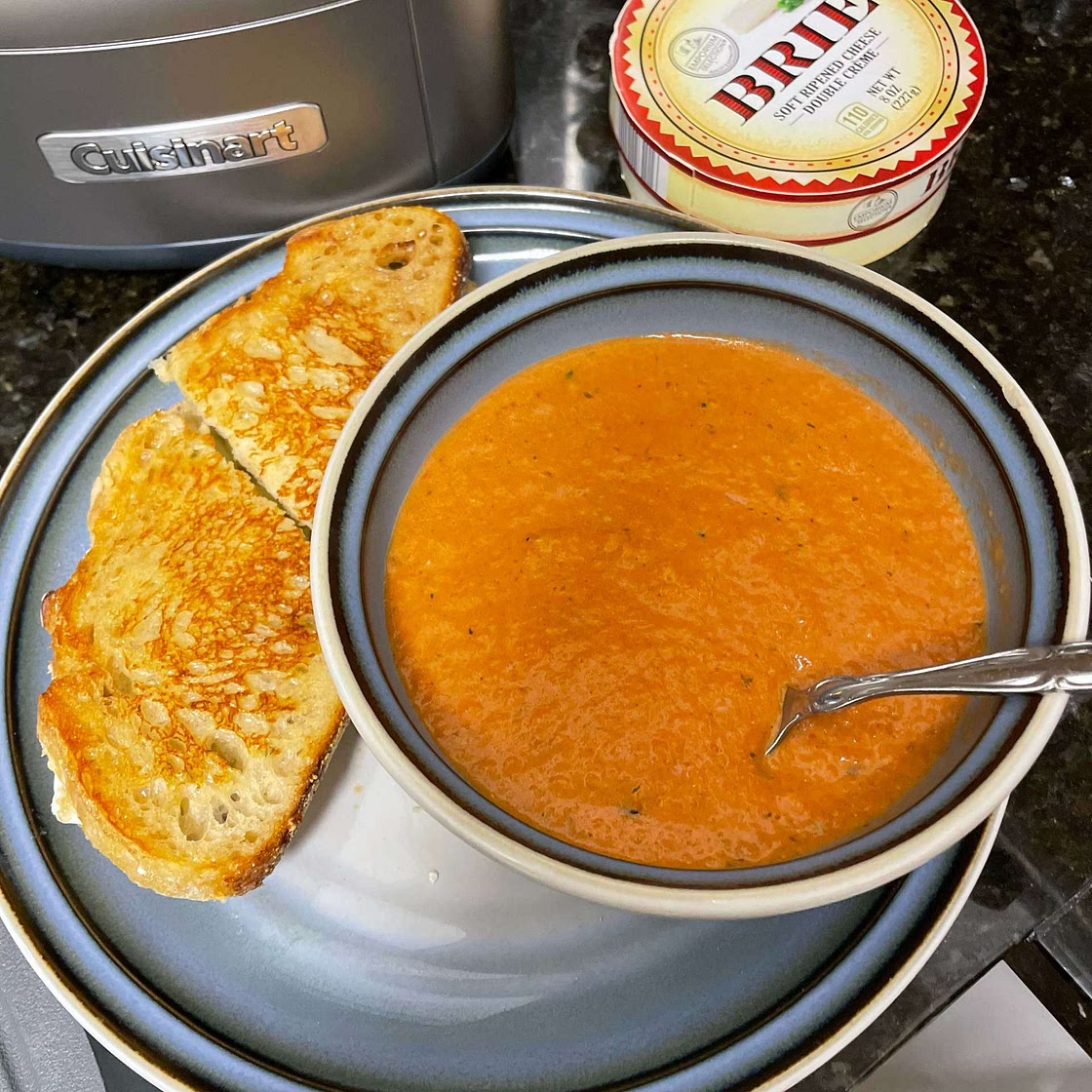 Butter-Roasted Tomato Soup with honey’d brie grilled cheese