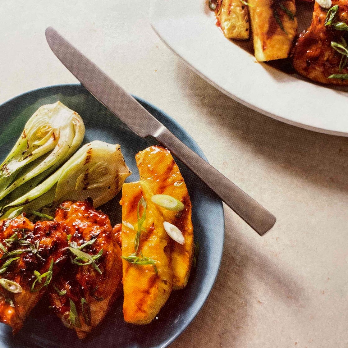 Teriyaki chicken with grilled bok choy and pineapple 