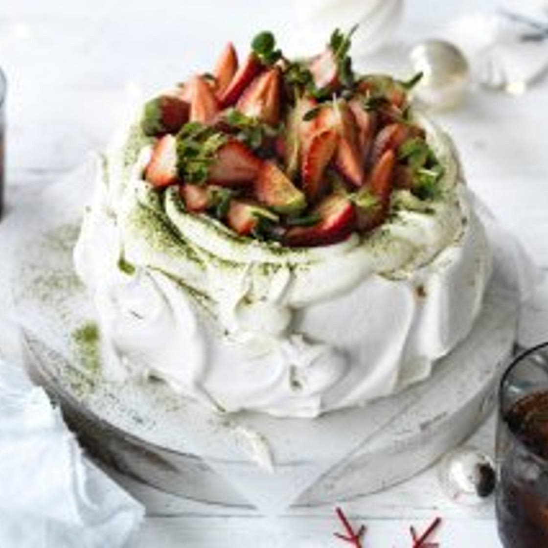 Strawberry matcha pavlova