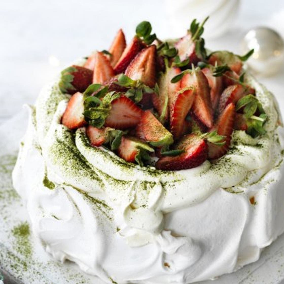 Strawberry matcha pavlova