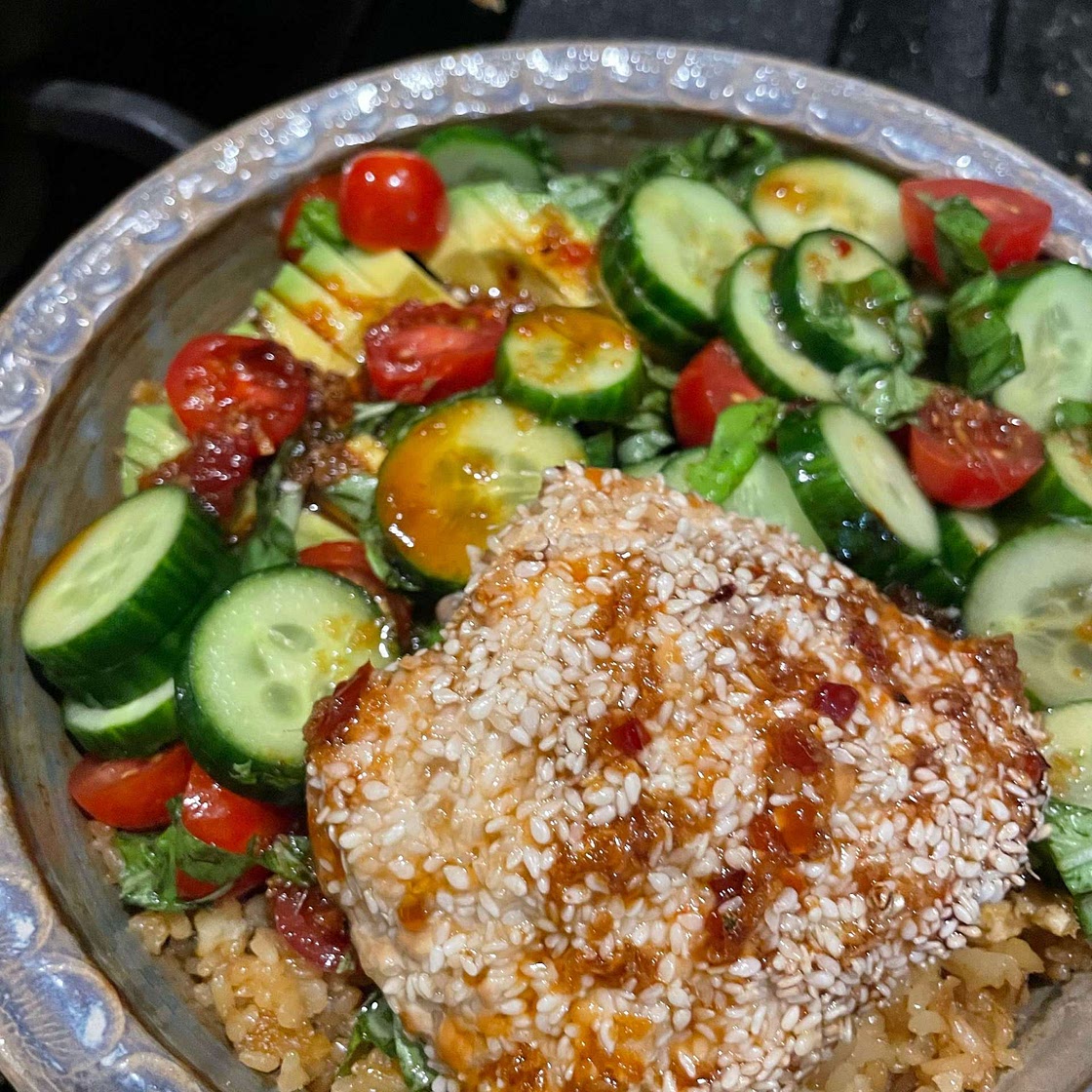 Spicy Ginger Sesame Crusted Salmon Bowl