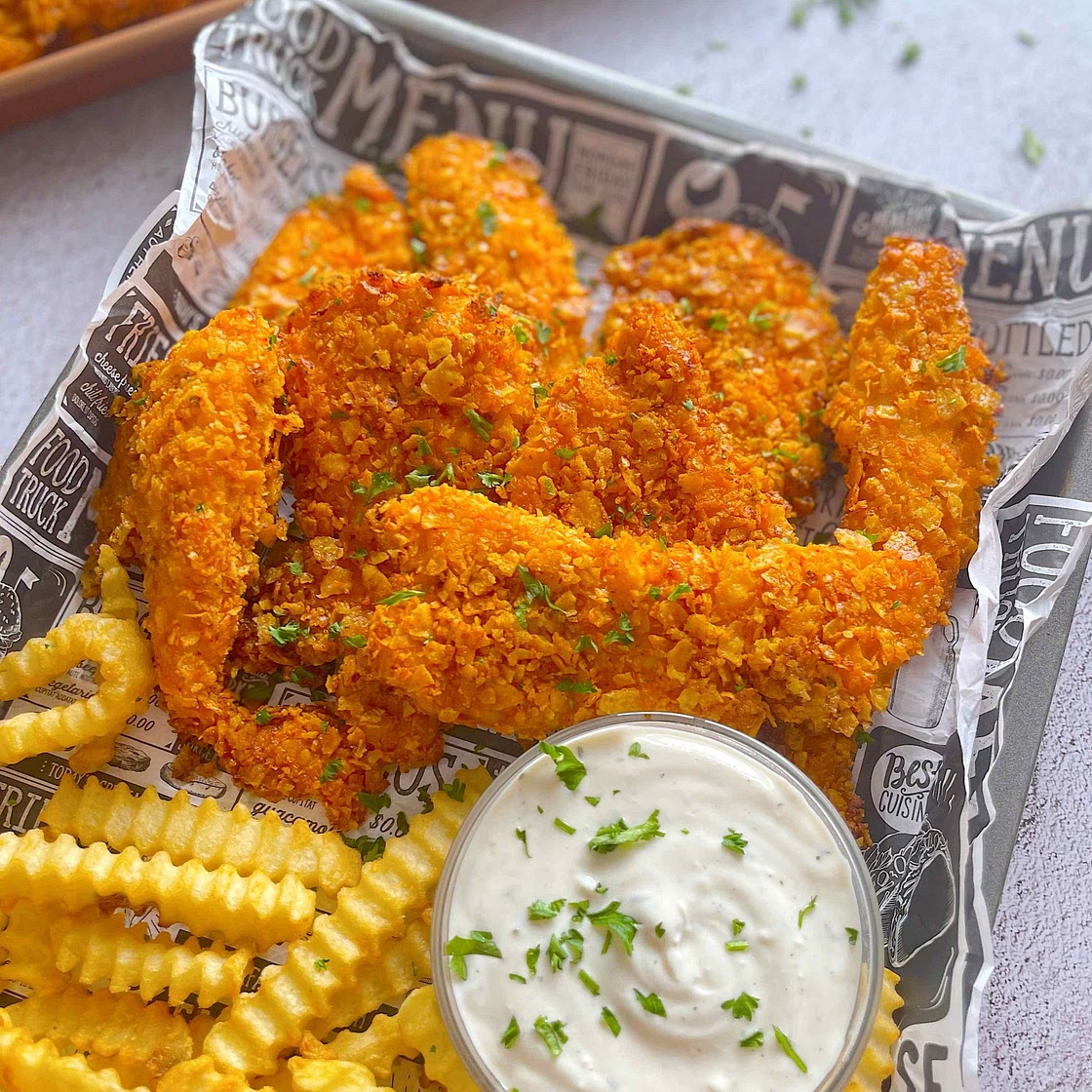 Baked Nacho Cheese Crusted Chicken Tenders