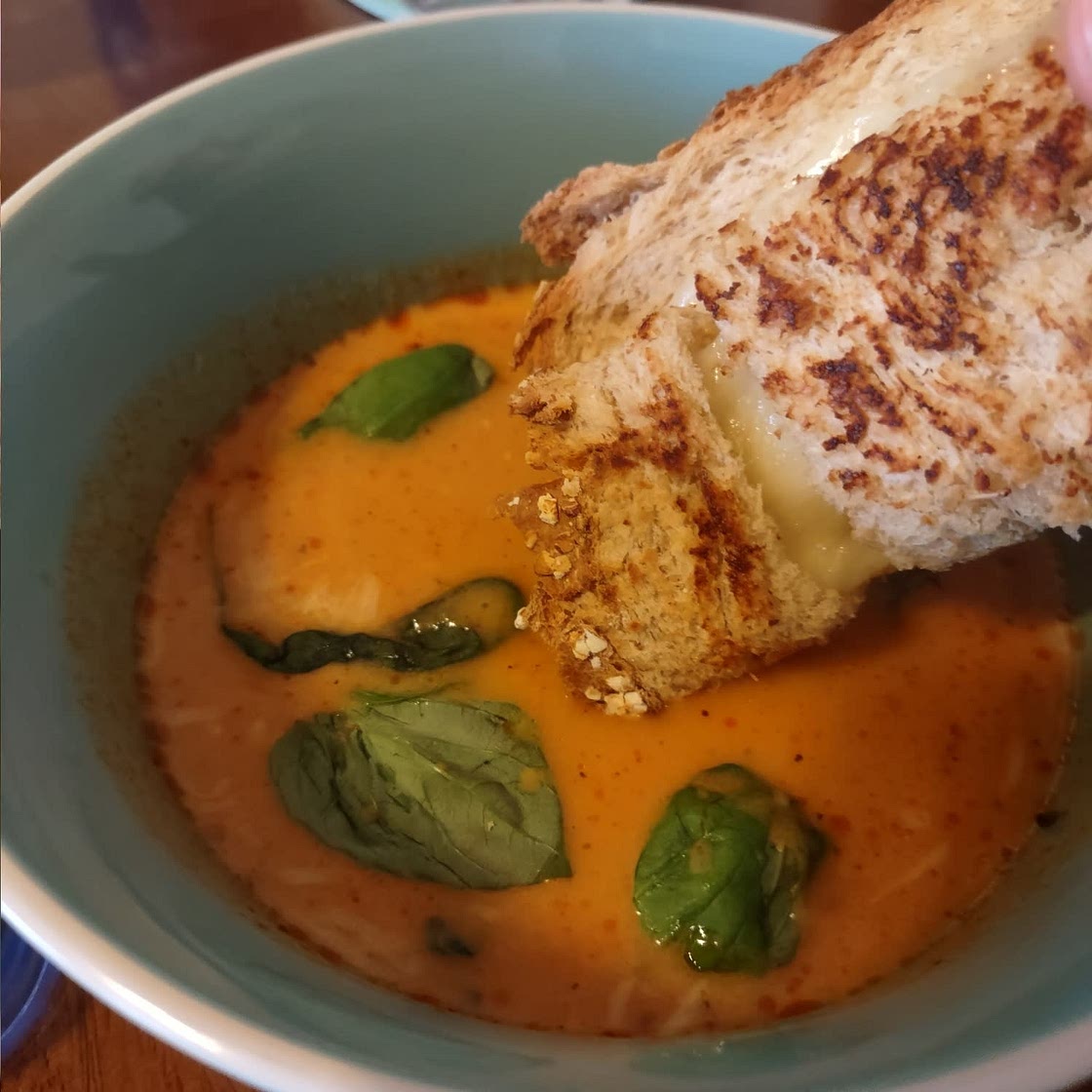 Pumpkin Tomato Soup With Grilled Swiss Cheese Sticks