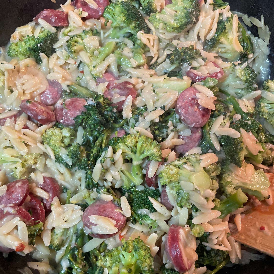 Broccolini, Chicken Sausage & Orzo Skillet