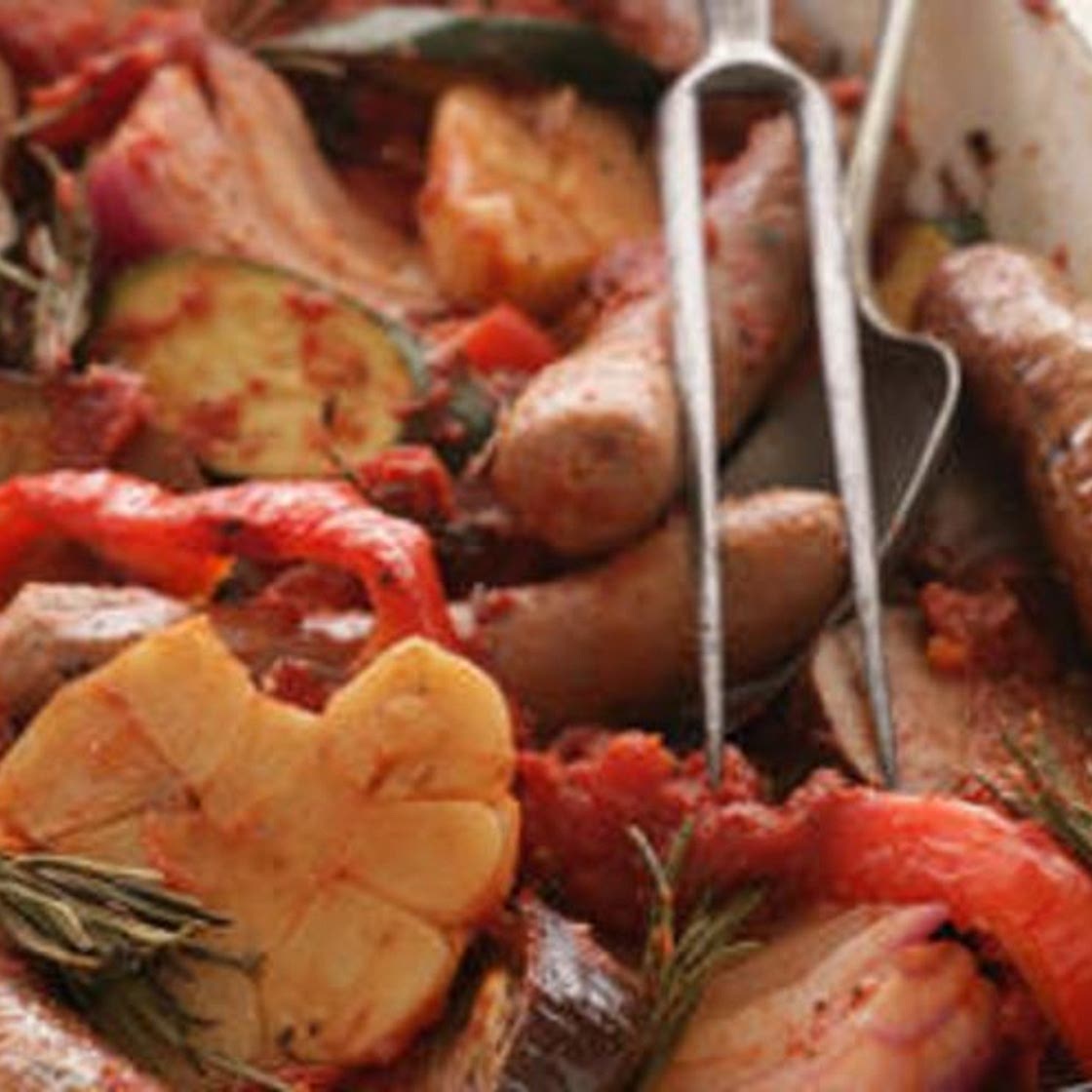 Baked ratatouille with snags