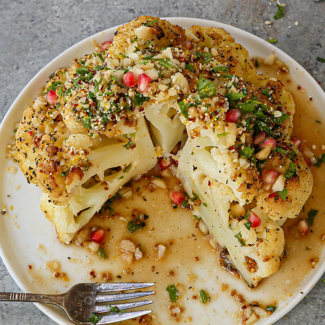 Whole Roasted Maple Mustard Cauliflower with Parmesan-Macadamia 