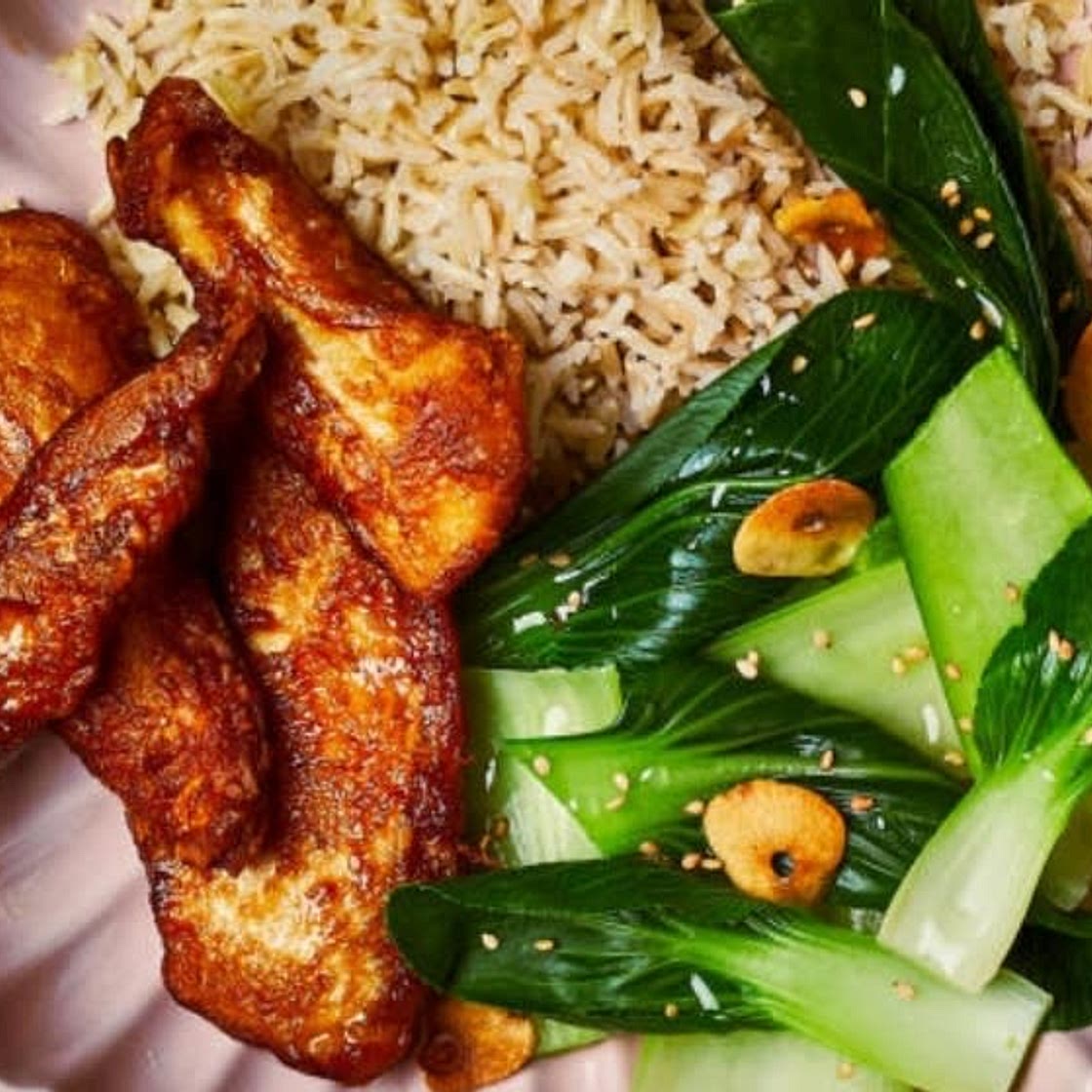 Chicken Karrage with Garlicky Pak Choi