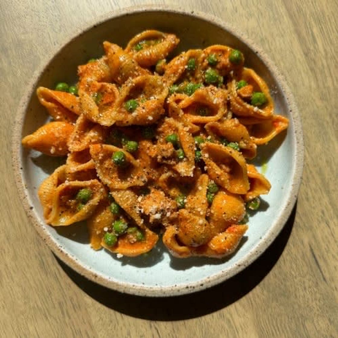 Spicy Goat Cheese Pasta with Sausage and Peas