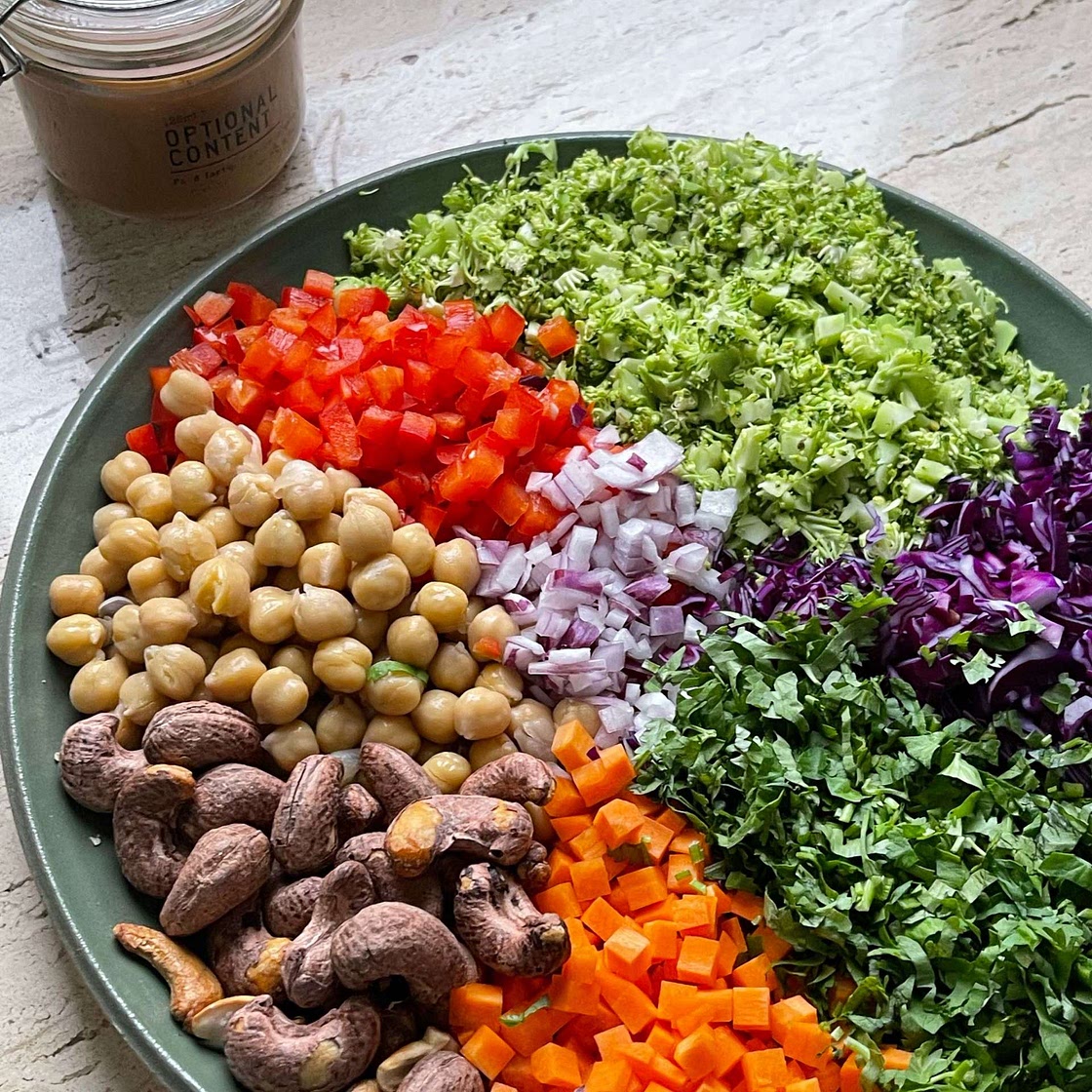 Spicy Cashew Chickpea Broccoli Salad with Ginger Peanut Dressing