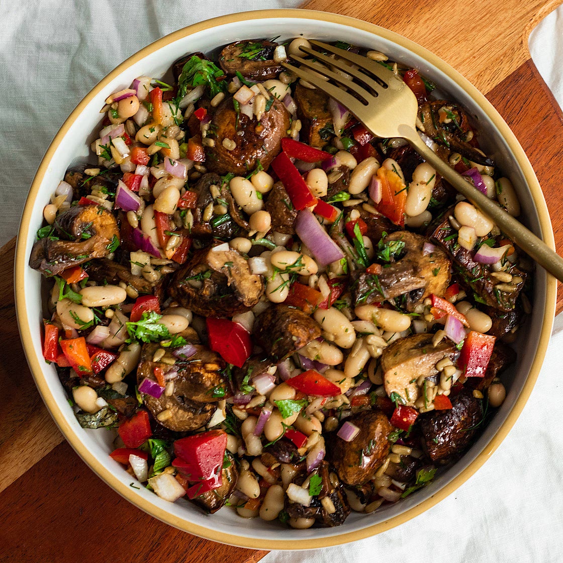 Warm Mushroom White Bean Crunch Salad