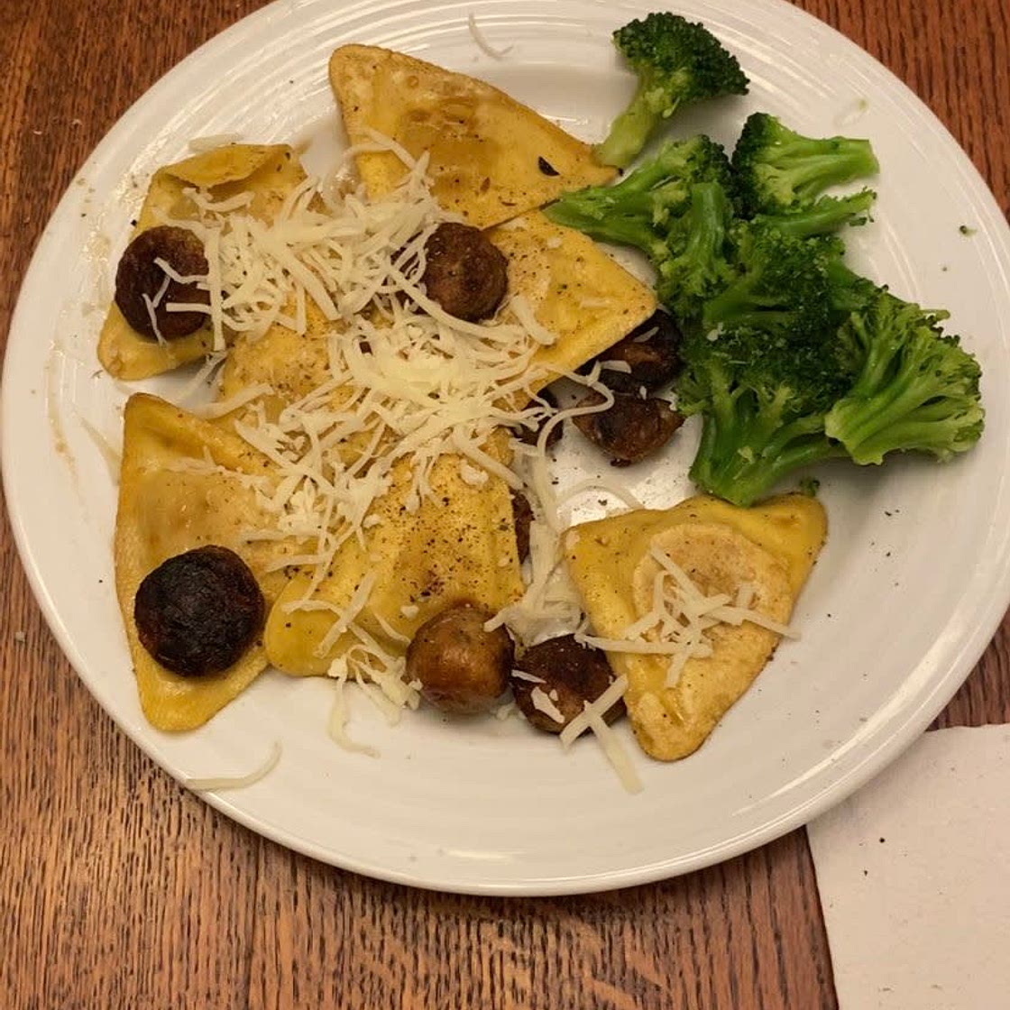 Chicken sausage, ravioli, and broccoli