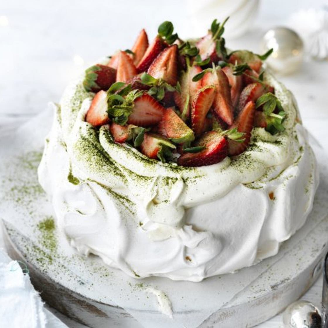 Strawberry matcha pavlova