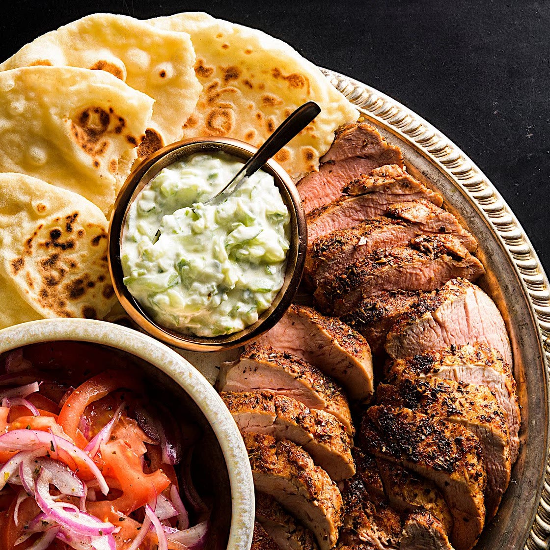 PORK SOUVLAKI WITH TZATZIKI AND TOMATO-ONION SALAD
