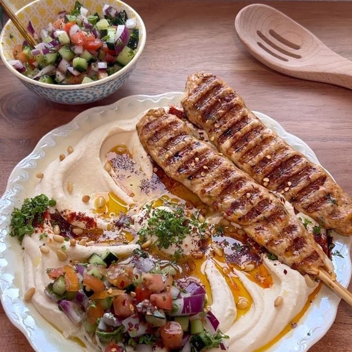 Creamy Homemade Hummus w/ Chicken Kufta & Salata