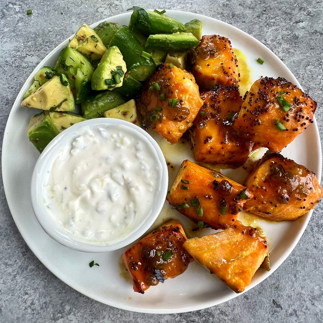 Honey Mustard Salmon Bites with Smashed Cucumber & Avocado Salad