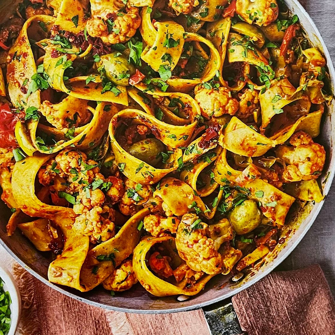 Olive, cauliflower, and harissa pasta 