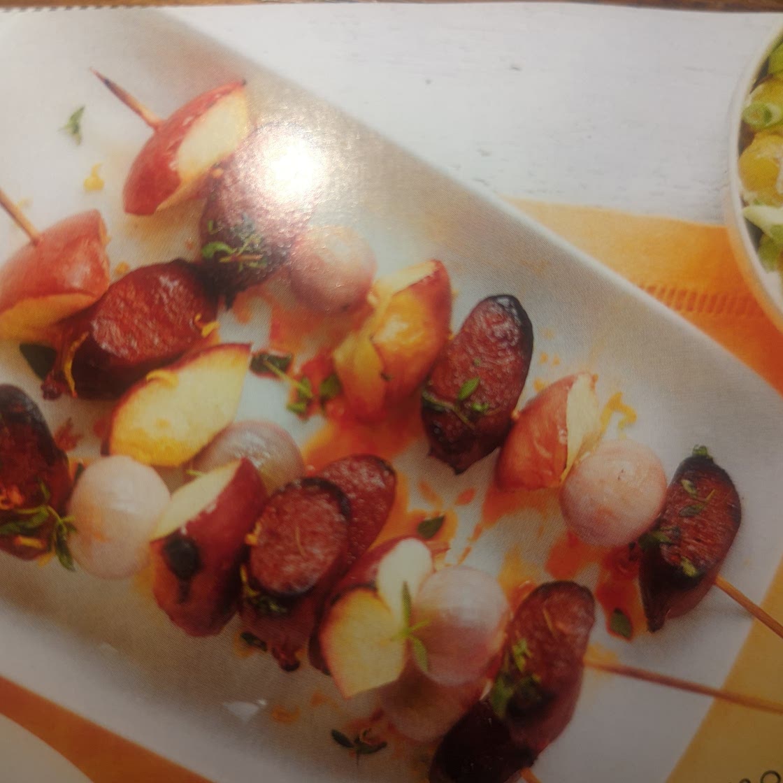 Apple and chorizo skewers and potato salad