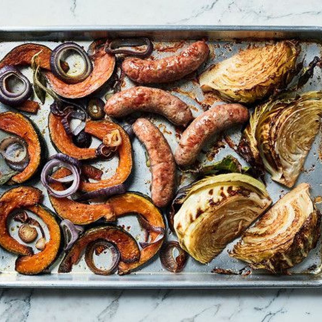 Roasted Sausages with Cabbage and Squash