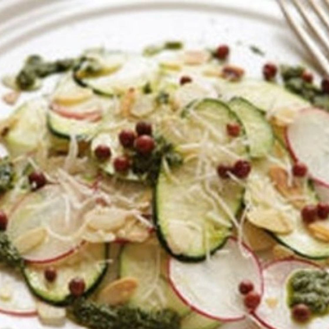 Vegetable carpaccio with salsa verde and almonds