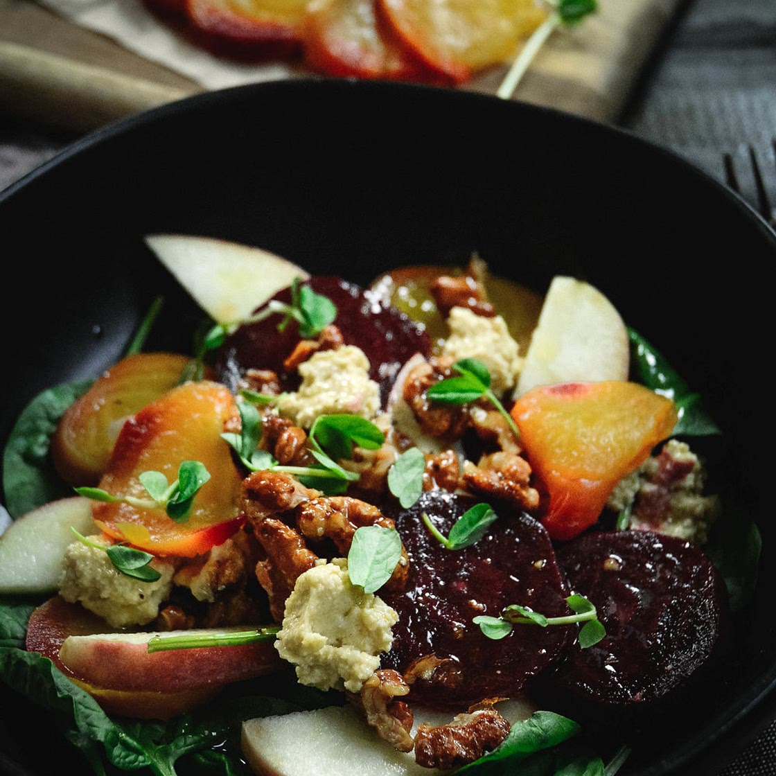 apple and beet salad with candied walnuts and cashew cheese