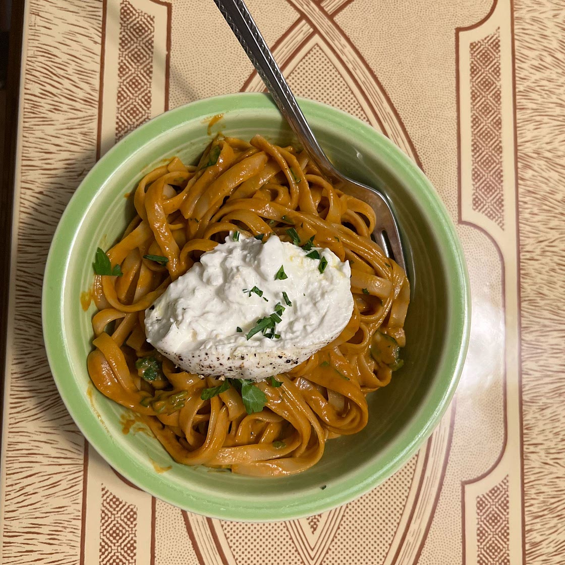 Creamy Red Pepper Pasta with Burrata & Herbs