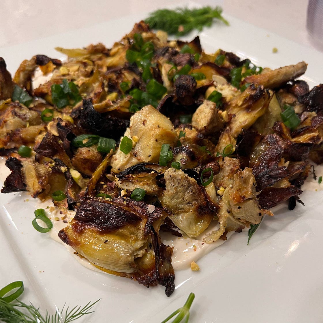 Smashed Artichokes with Lemon-Caper Avocado Cream