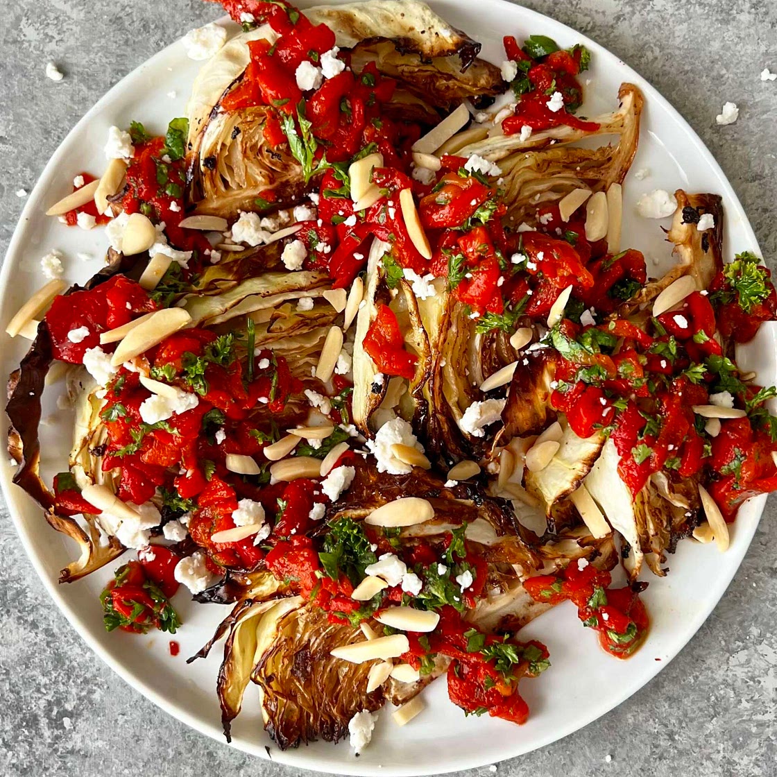 Garlic Butter Roasted Cabbage Wedges w/Roasted Red Pepper Relish