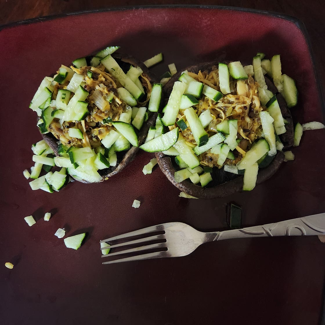 Portabella Caps Stuffed with shredded Chicken, Quinoa, Lentils, and Wild Rice.