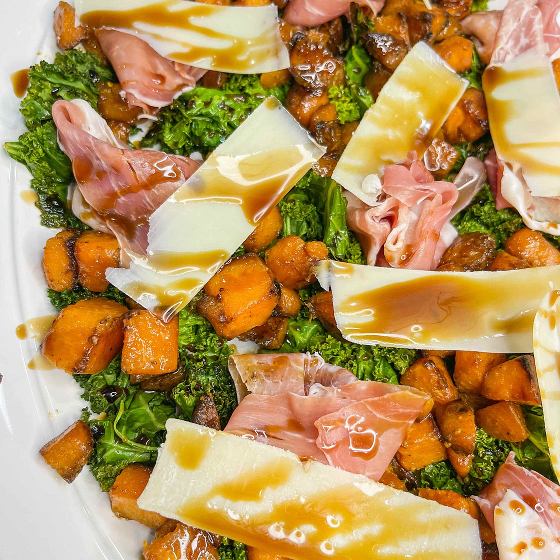Kale, butternut squash, prosciutto salad 