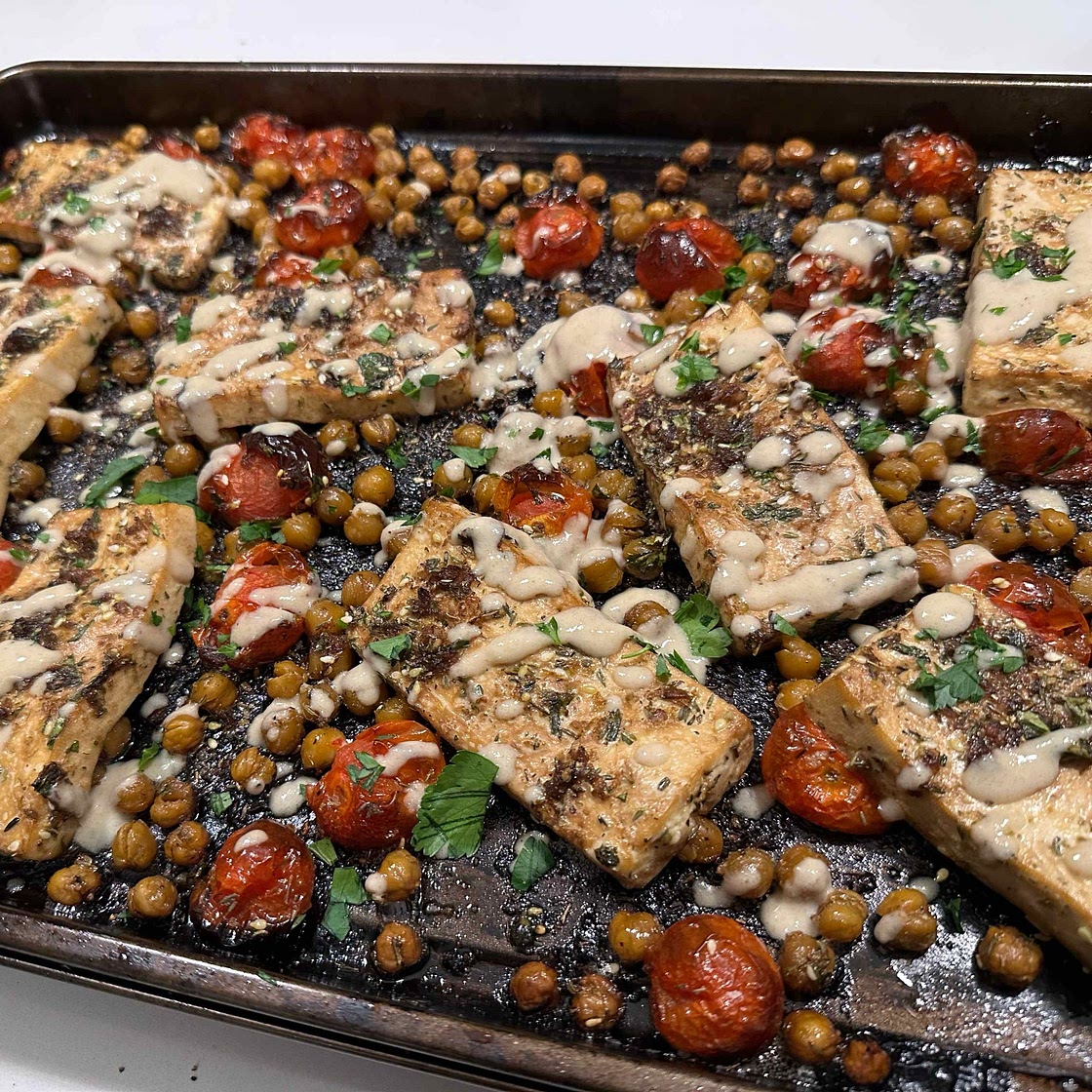 Za’atar Roasted Tofu With Chickpeas, Tomatoes and Lemony Tahini