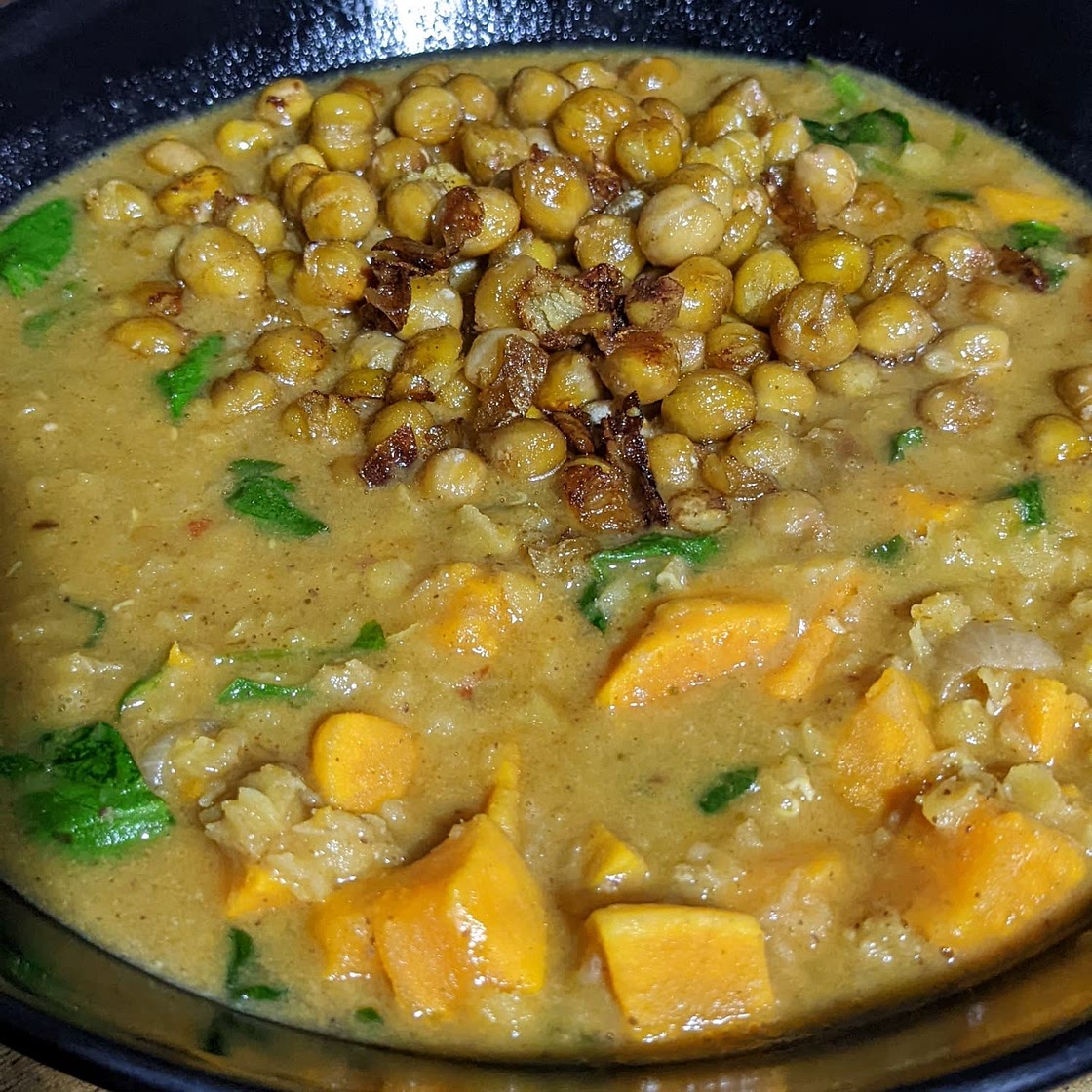 Sweet Potato Lentil Curry with Crispy Sesame Chickpeas