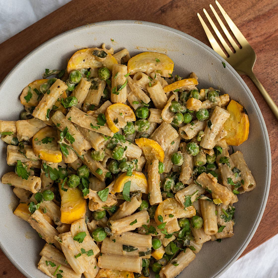 Vegan Lemon Tahini Pasta with Peas and Zucchini