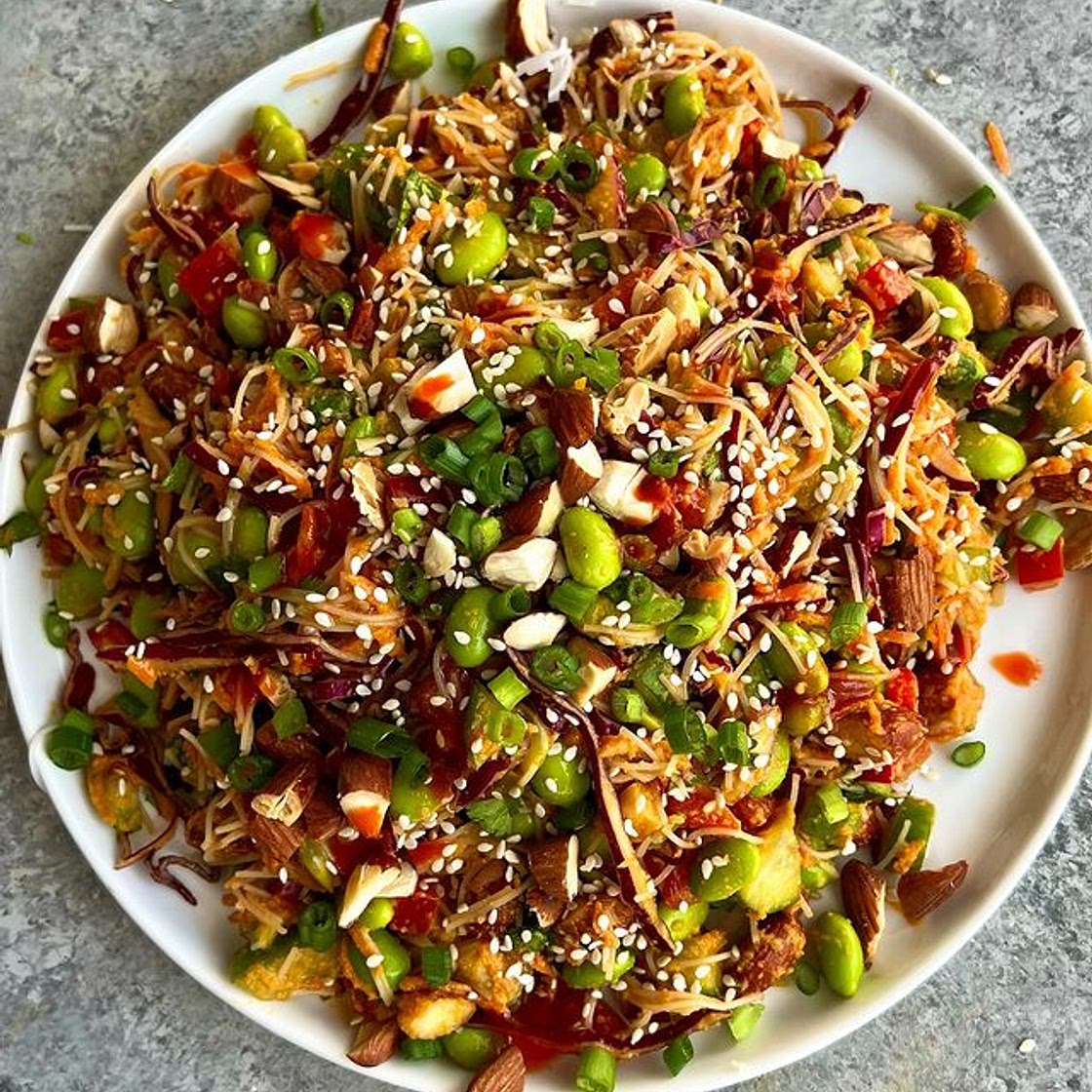 Spring roll chopped vermicelli salad with carrot ginger peanut dressing
