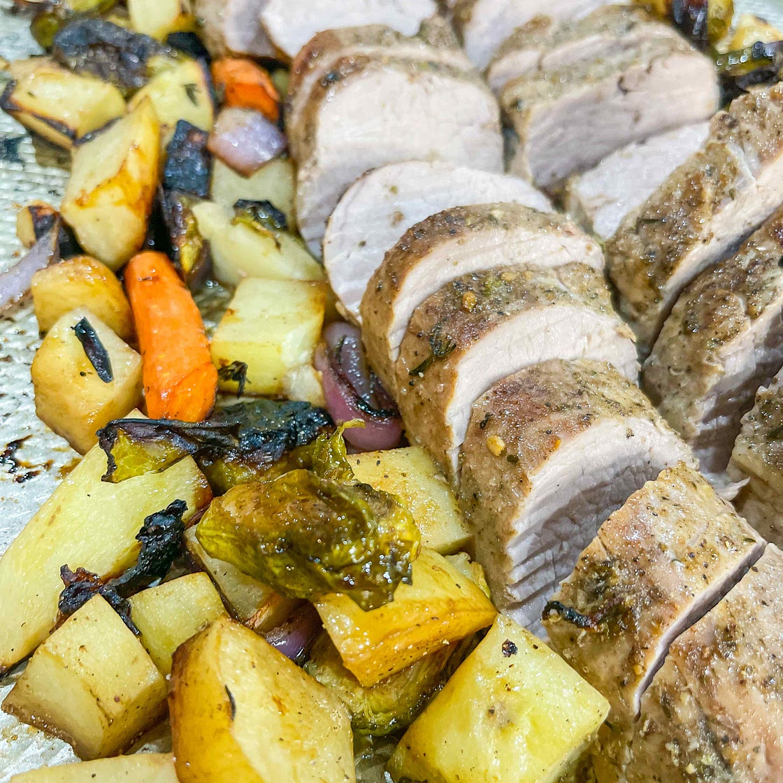 Sheet pan roasted pork loin with veggies 