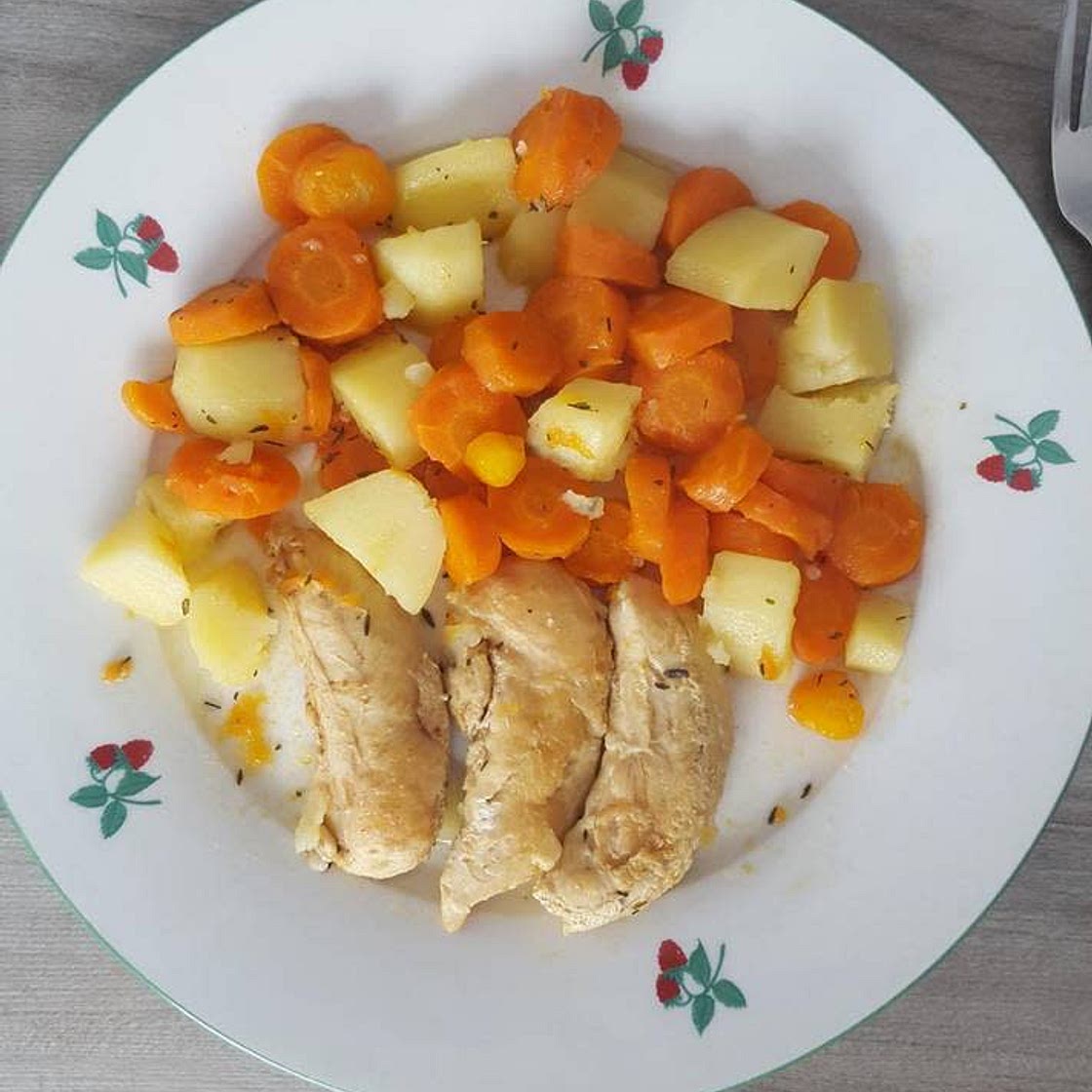 Aiguillettes de poulet, pommes de terre, carottes