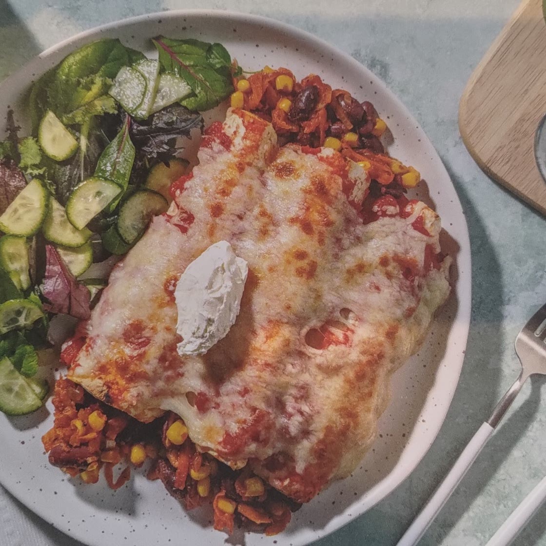 cheesy veggie & bean enchiladas
