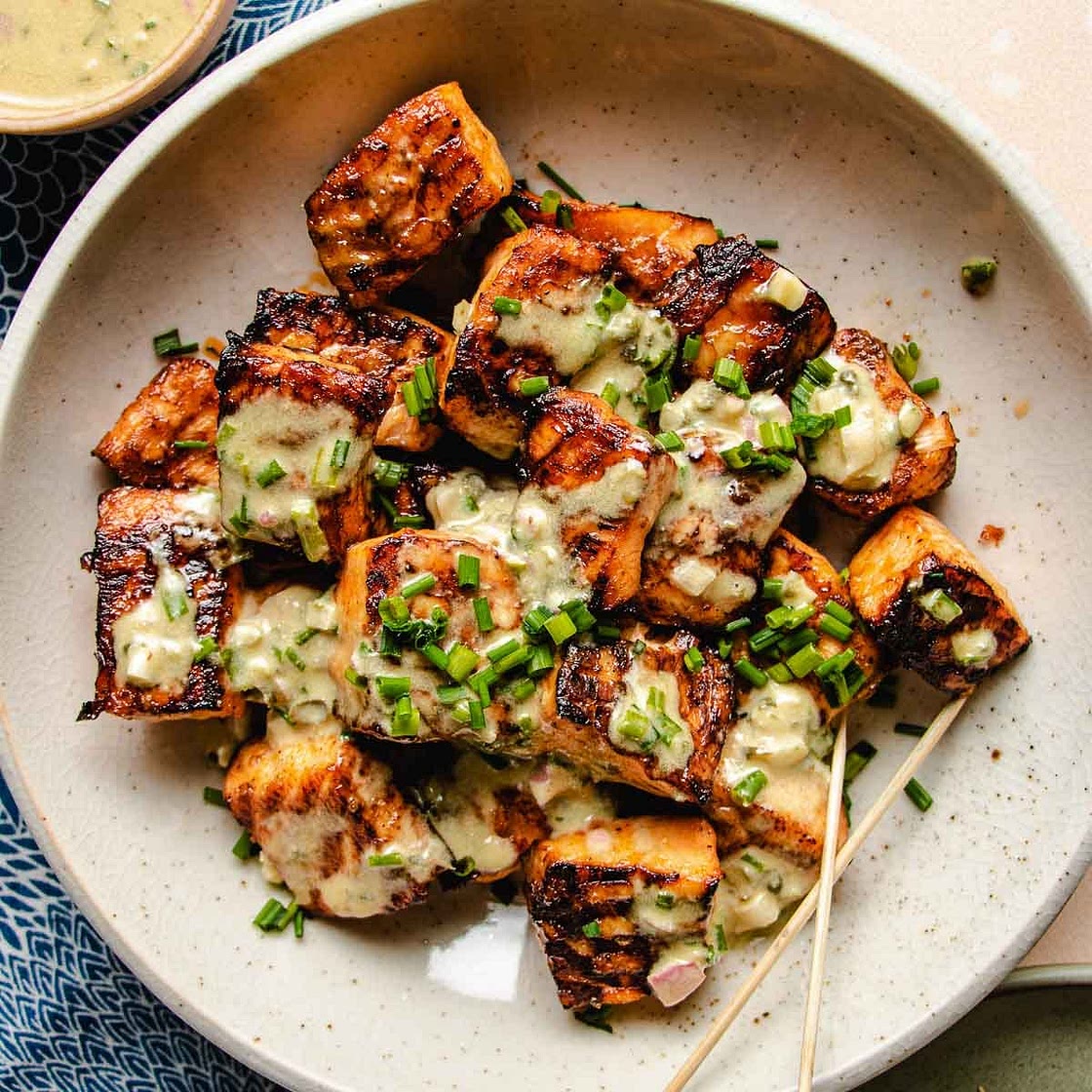 Air fryer salmon bites recipe (with creamy caper chive sauce)