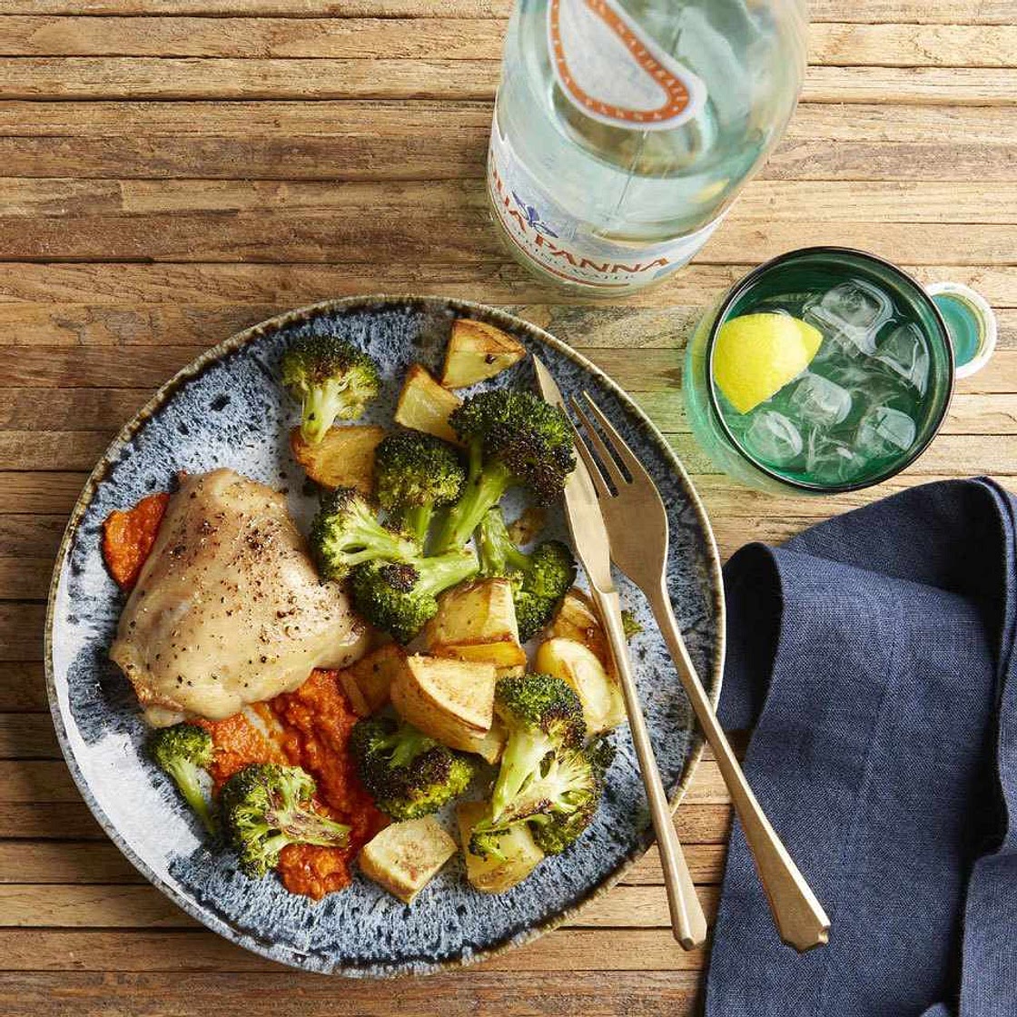 Sheet-Pan Chicken & Vegetables with Romesco Sauce