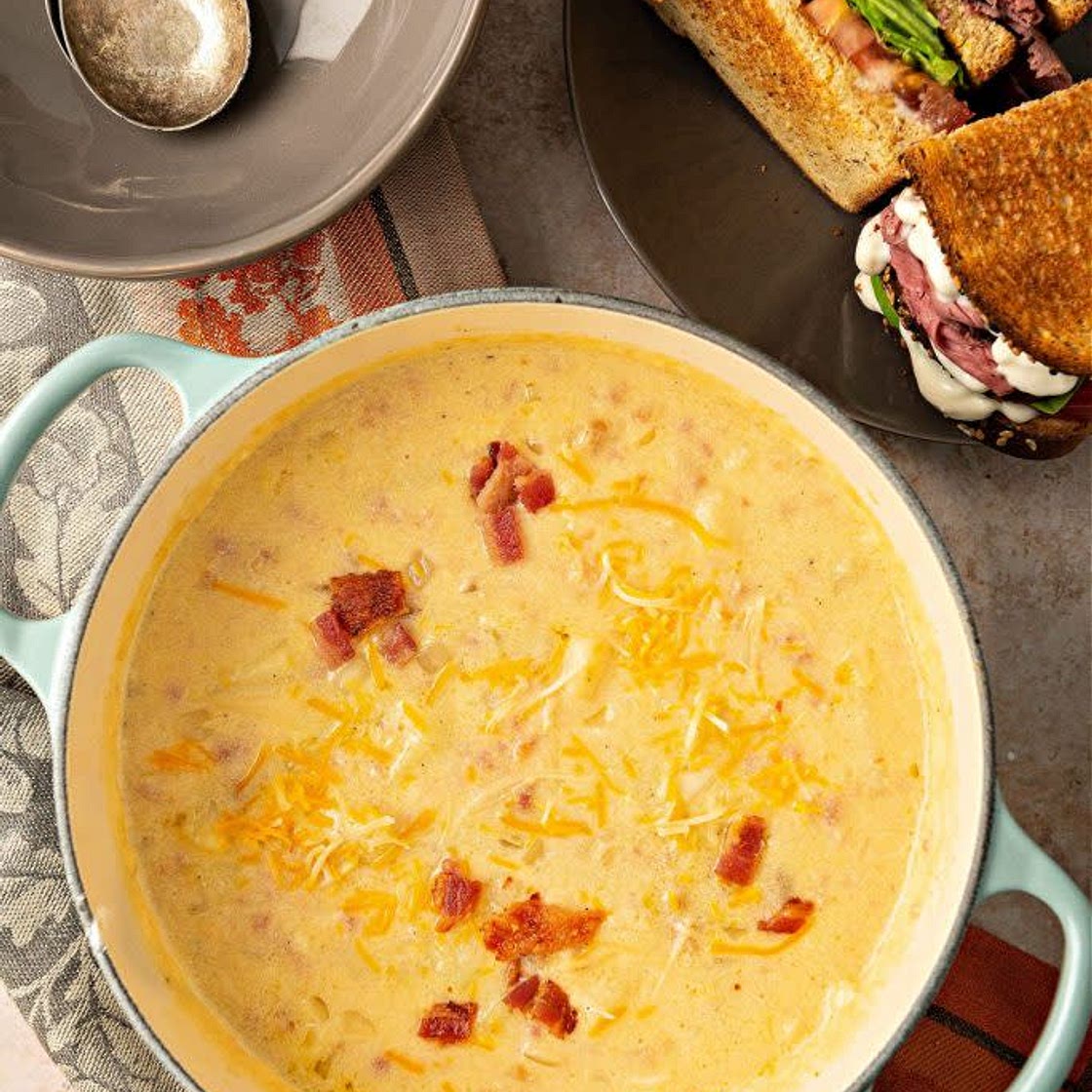 Cheddar Potato and Bacon Soup with Roast Beef Club Sandwich