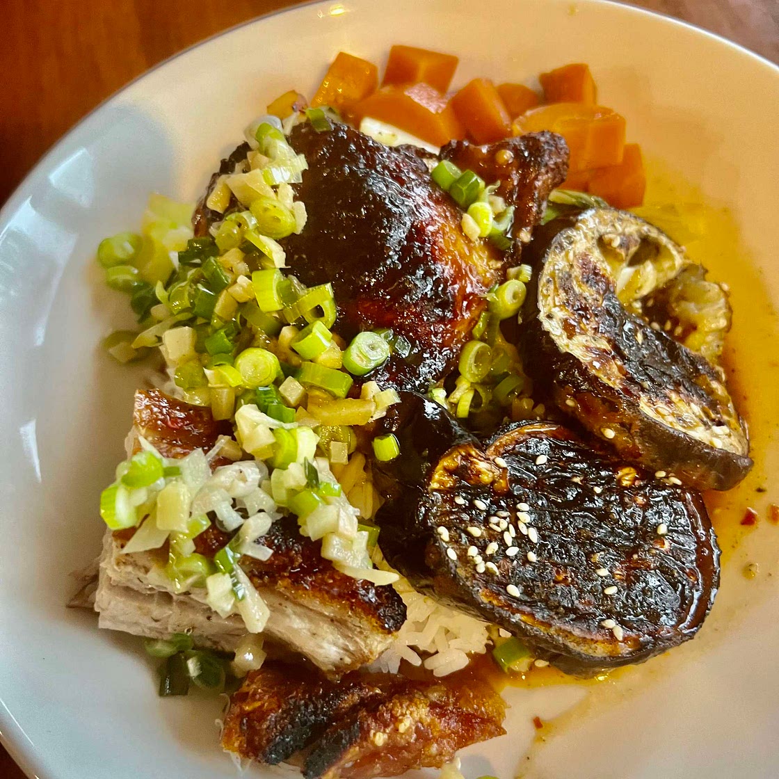ChineseChicken, Pork Belly, Bok Choy, Eggplant, Rice