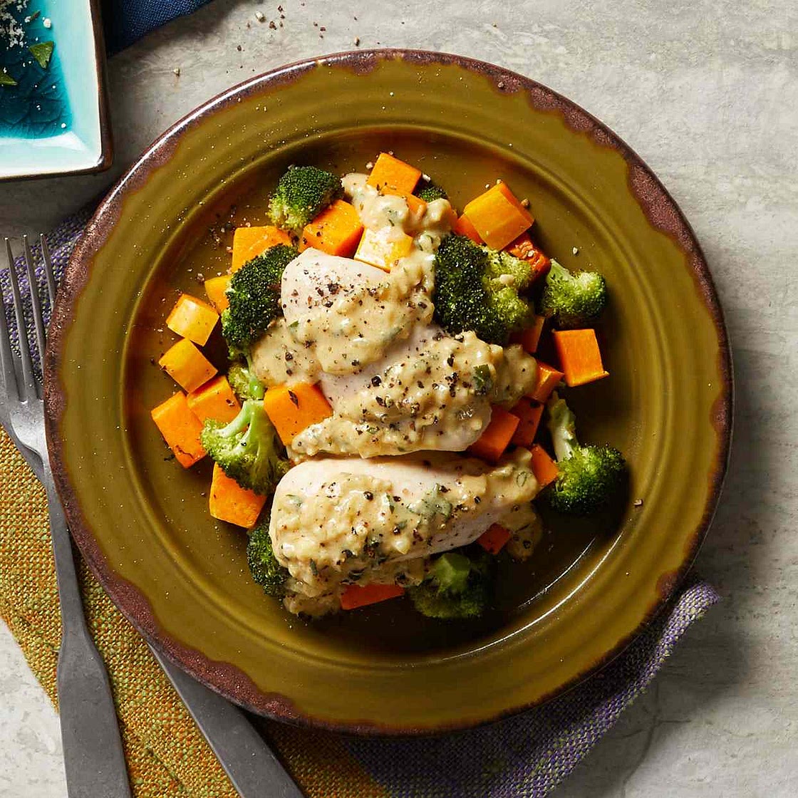 Dijon Chicken with Roasted Broccoli & Butternut Squash