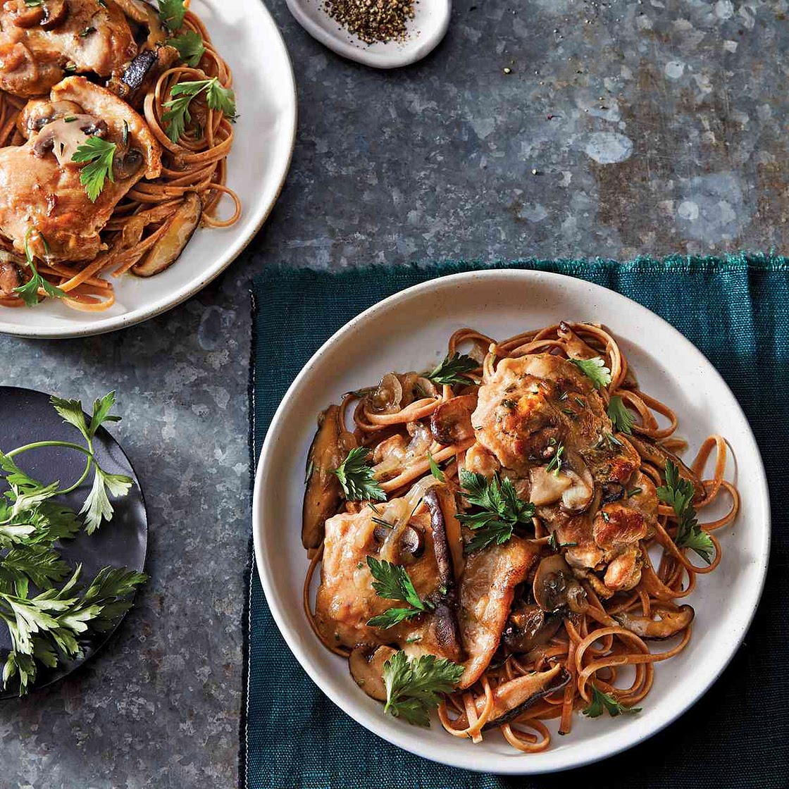 Slow-Cooker Chicken with Rosemary & Mushrooms over Linguine