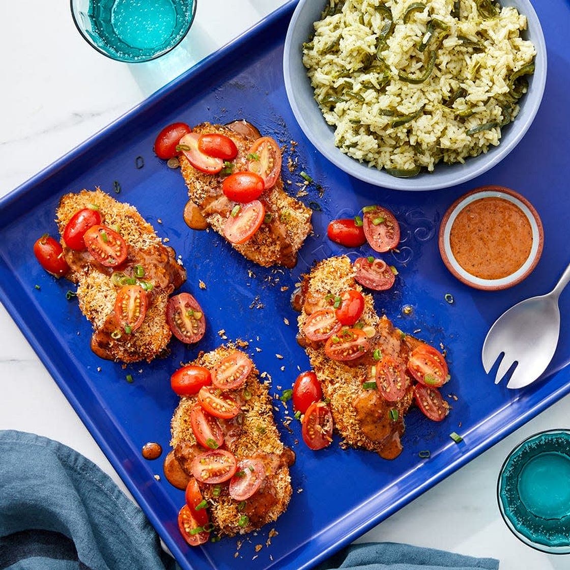 Crispy Baked Chicken and Honey Chipotle Sauce with Cilantro Rice and Tomatoes