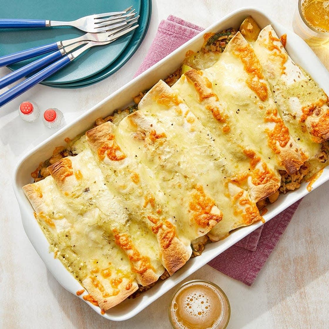 Cheesy Tomatillo Enchiladas with Zucchini, Spinach and White Beans
