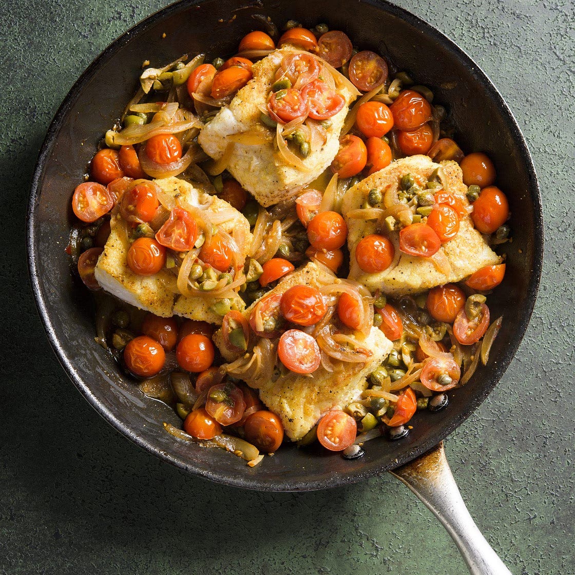 Cod W/ Tomatoes, Olives & Capers
